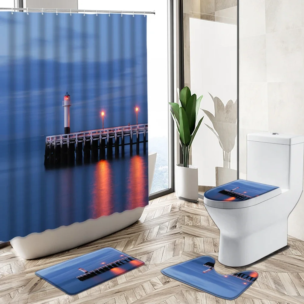 Ocean Lighthouse Scenery Shower Curtain Starry Sky Sea Night View Bathroom Decor Non-Slip Carpet Toilet Cover Bath Floor Mat Set