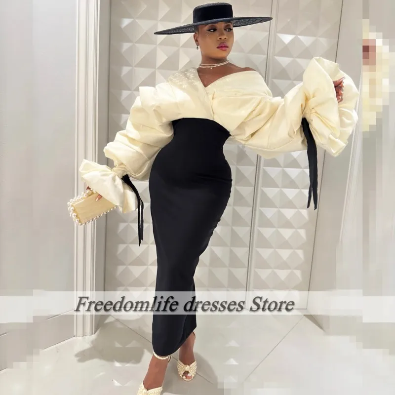 

Elgeant Ivory And Black Evening Dresses Long Sleeves Pleats Mermaid Wedding Party Gowns Arabic Dubai Prom Dress Customized