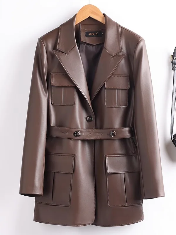 Primavera Autunno 2025 Nuovo Cappotto Haifeng in Vera Pelle di Pecora, Giacca a Vento Femminile di Media Lunghezza con Cintura alla Moda