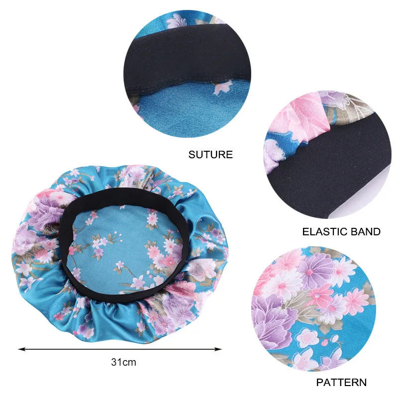 Frauen Satin Motorhaube Elastische Breite Band Blumen Druck Nacht Schlaf Hut Haarausfall Kopf Wrap Chemo Haarpflege Dusche Make-Up Kappe – Detail 1