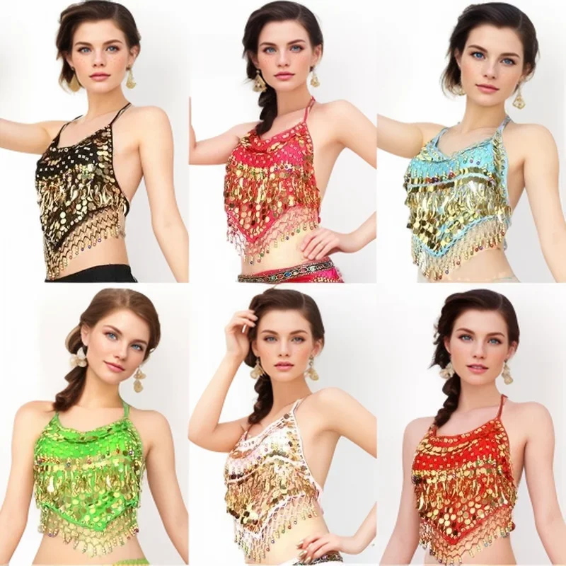 Women Belly Dance Costume Coin Sequin Halter Top with Coin Sexy Gypsy Costumes