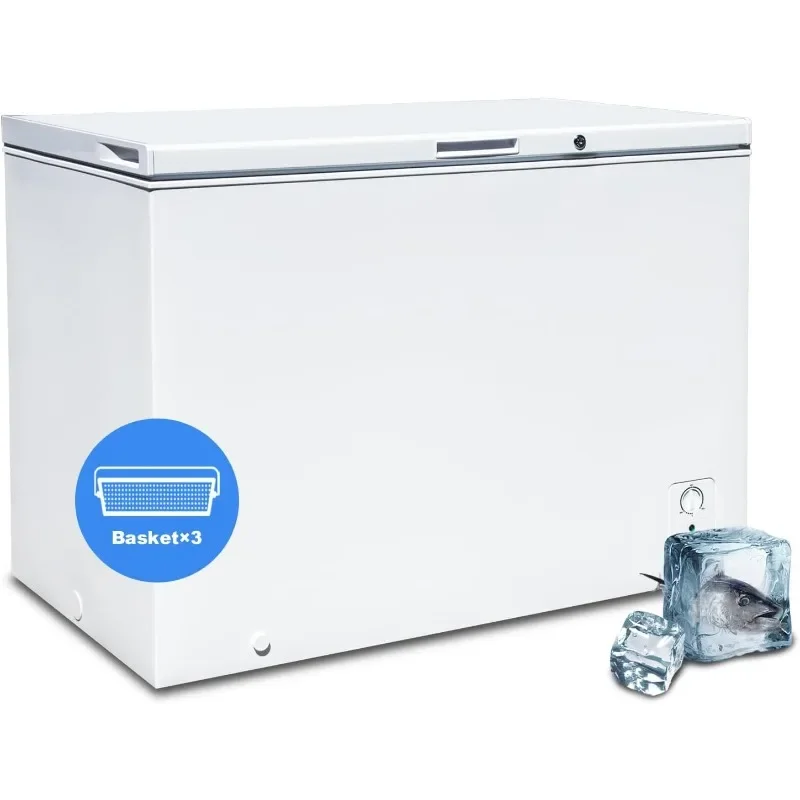 Chest Freezer 10.5 Cu.Ft, Deep Freezer with Adjustable Thermostat & 3 Removable Basket, 4 Wheels, Lock, Freestanding