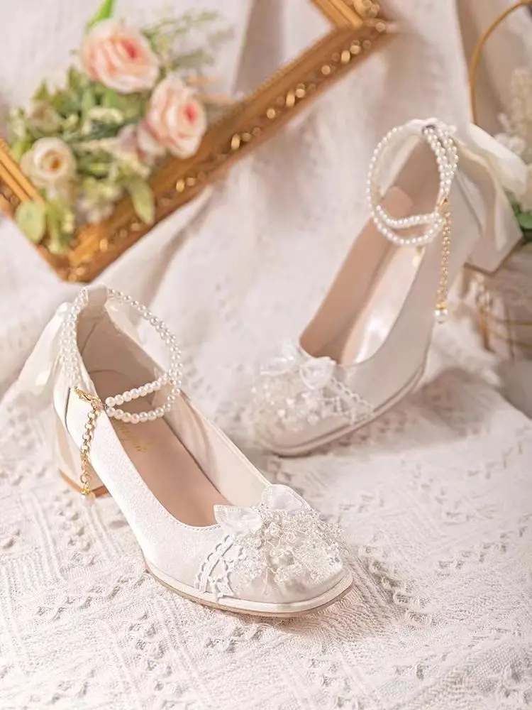 

2023 Summer New Rhinestone Bow Knot Antique High Heels Mary Jane Round Toe Pearl Shoes for Women