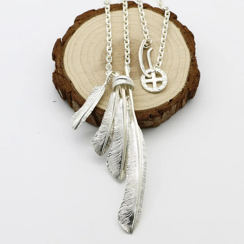 Sterling Silver Feather Pendant Necklace Female Personality Silver Fashion Sweater Chain Male Handmade Fashion Silver Jewelry