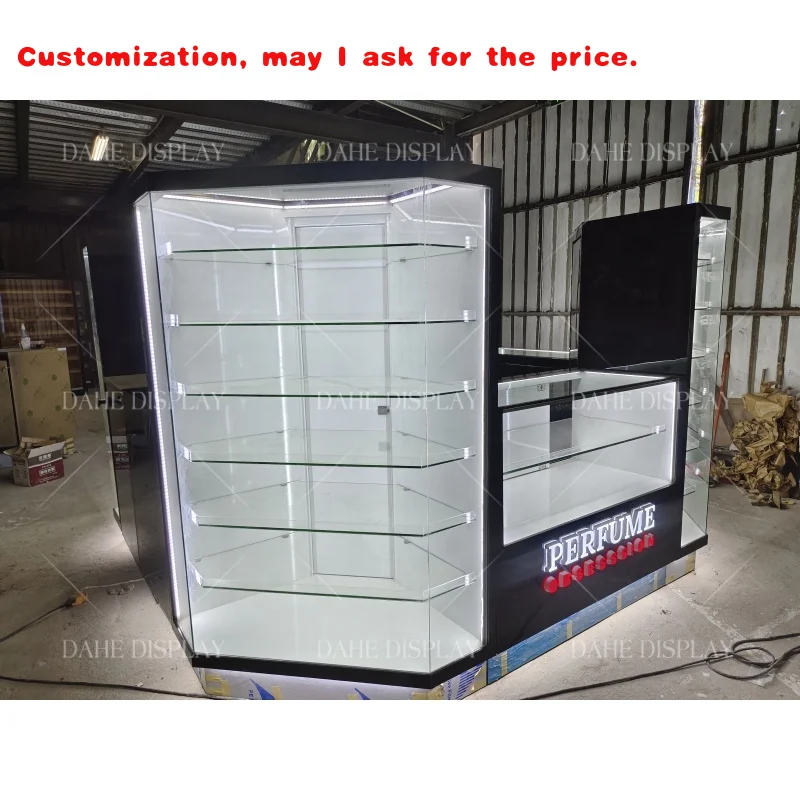 

на заказ. Индивидуальный черный парфюмерный киоск, торговый киоск, ювелирный магазин, дисплей раздвижной двери в Плазе, 3D рисунок