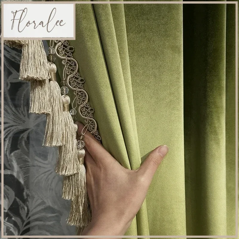 

French Light Luxury Olive Green Velvet Curtains For Living Room Bedroom High-end Curtains 2025 New European Villa Custom Size