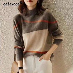 Autumn Winter Women Fashion Vintage Patchwork Half High Collar Knitted Sweaters Simple Long Sleeve Loose Pullover Tops Jumpers