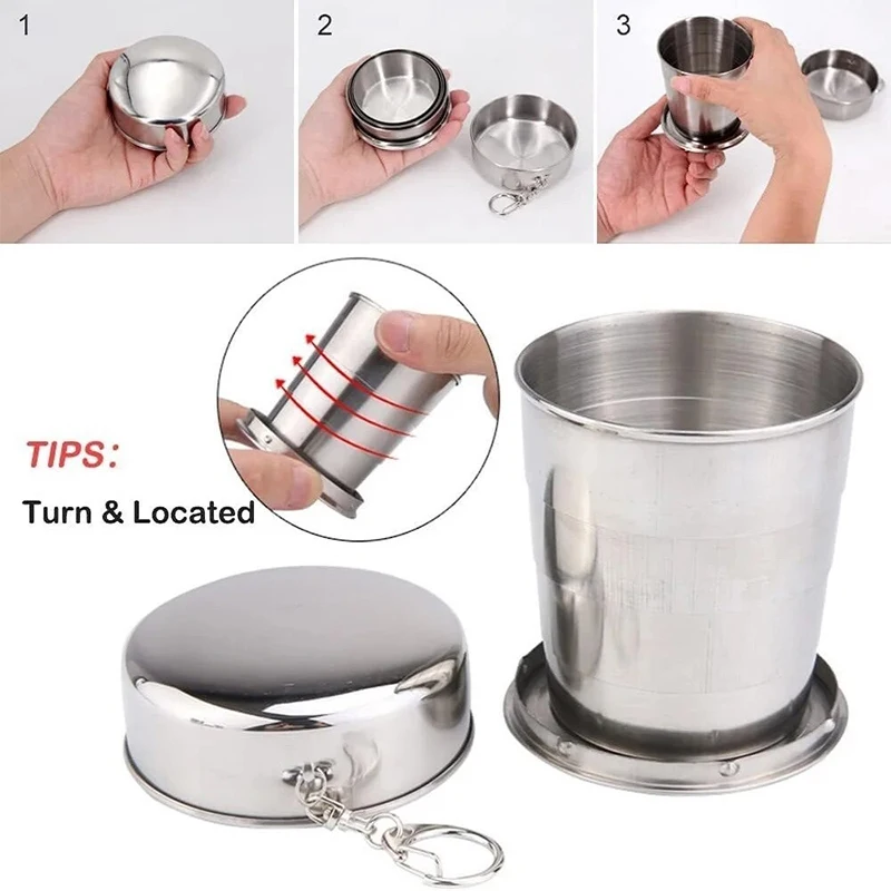 75/140/250ml Stainless Steel Folding Water Cup With Keychain Lid Outdoor Travel Camping Portable Collapsible Retractable Teacup】