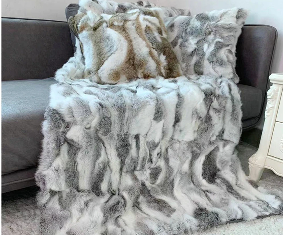 Natural Rabbit Fur Throw for Bedroom, Real Rabbit Fur Blanket, Luxury Real Fur Rug Carpe Decorative Rugs And Carpets Winter4t