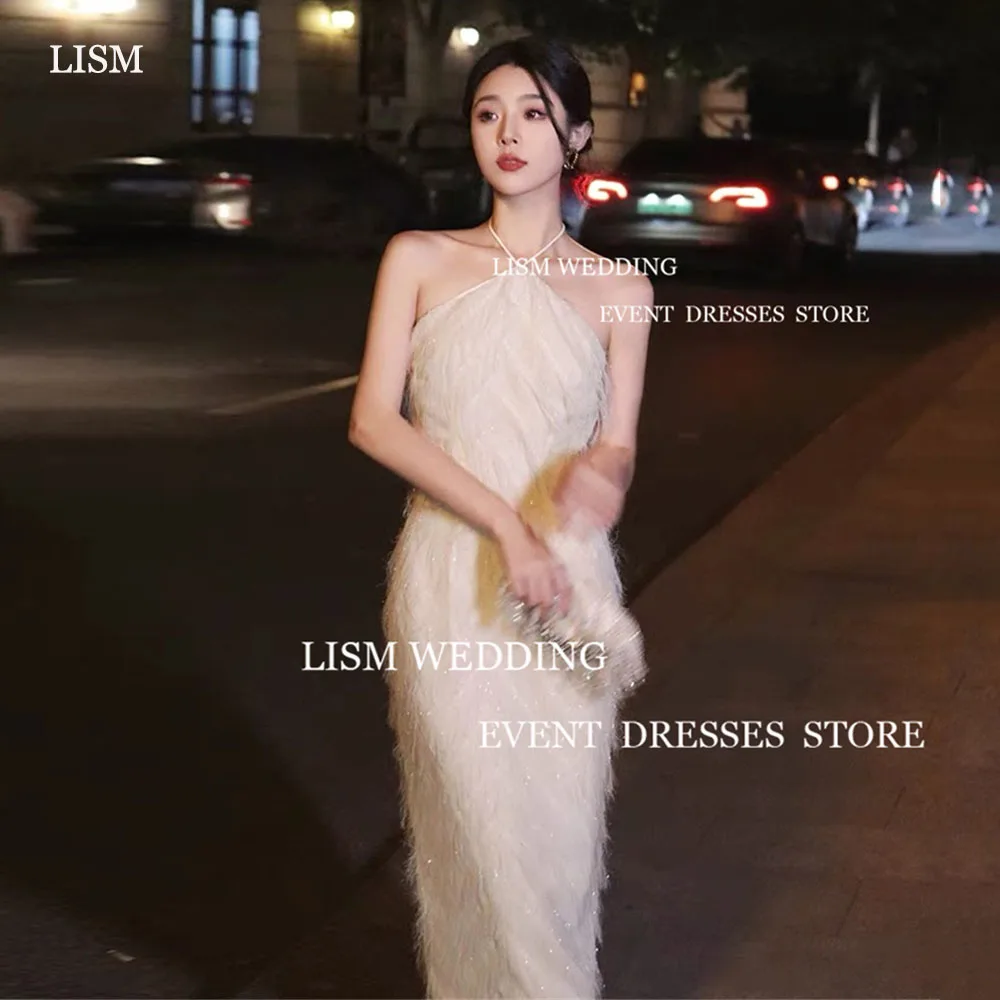 LISM Sexy White Mermaid Evening Dresses Summer Halter Tassels Ankle Length Backless Prom Dresses For Korea Lady Photoshoot 2024