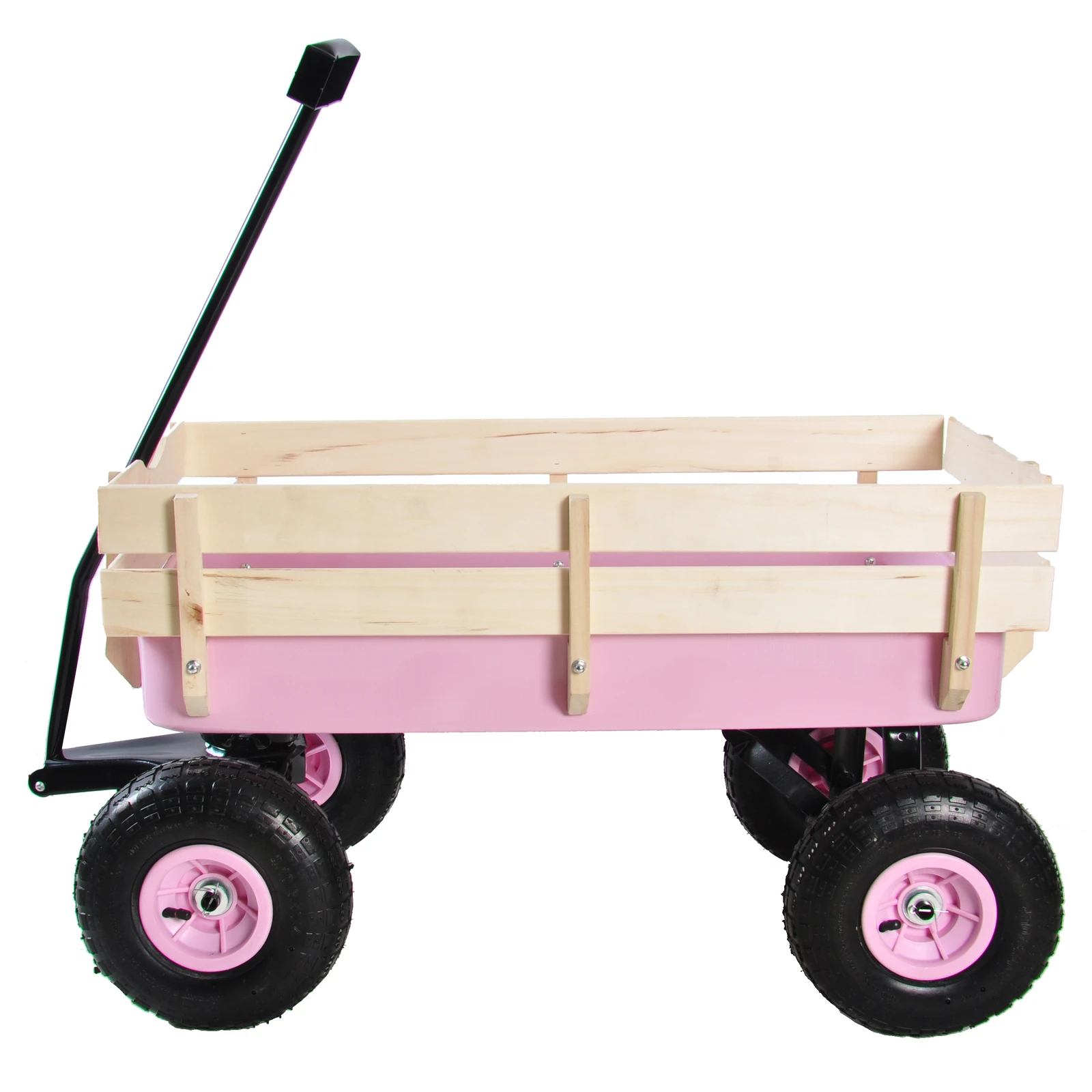 

Outdoor Wagon Pulling Garden Cart With Wood Railing Air Tires Pink