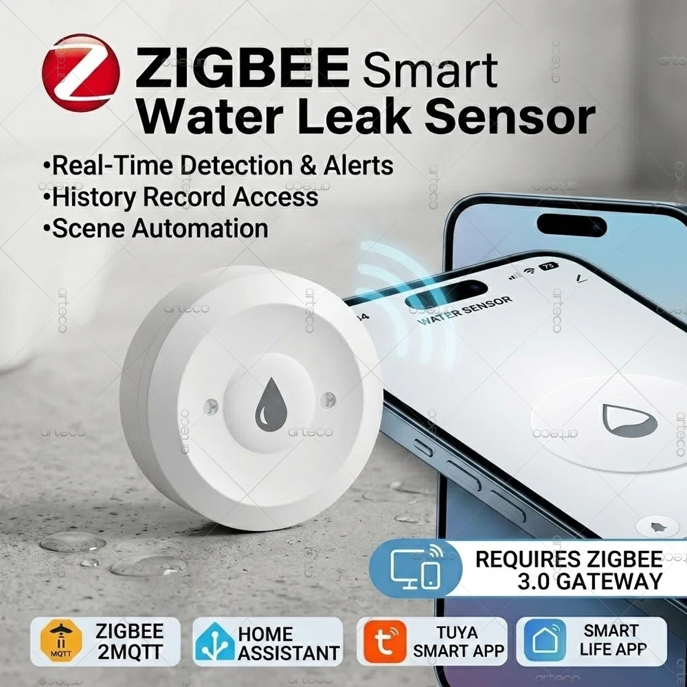 Zigbee Water Sensor Leak Flood Detector Leakage Sensor App Remote Monitor For Kitchen/Bathroom Support TUYA Z2M Home Assistant