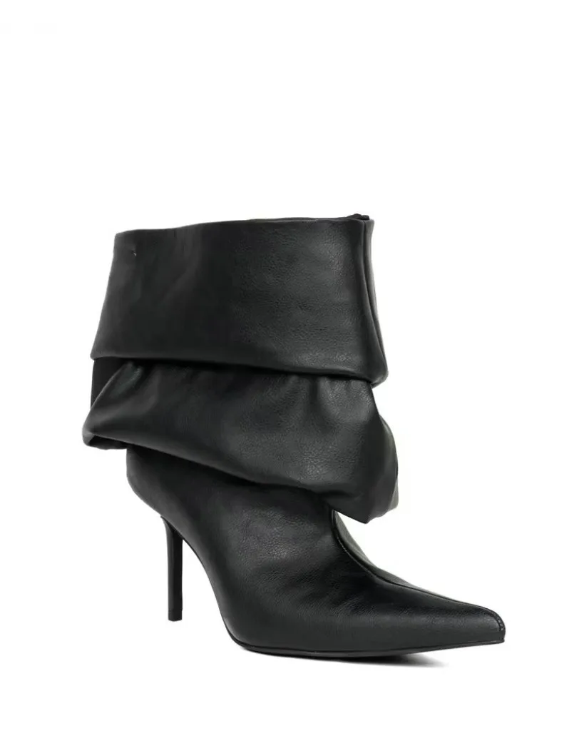 

Black/snakeskin Turned-Over Edge Pleated Boots Women Sexy Stiletto Heel Pointed Toe Fashion Mid-Calf Boots Winter Catwalk Shoes