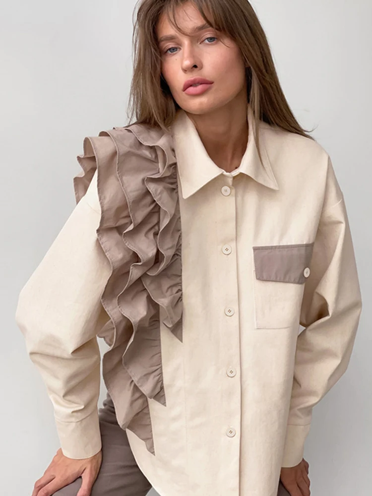 Mumaroho 2023 Autumn Winter Women Shirt Solid Khaki Casual Long Sleeve Ruffles Blouse Female