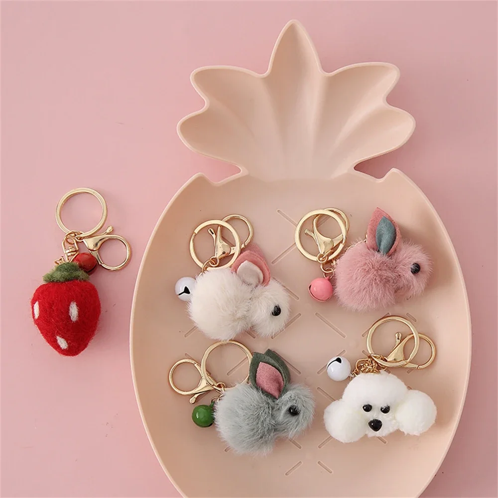 

1 Pcs Wool Felt Strawberry Rabbit Teddy Doll Key Ring Bag Pendant Cartoon Faux Fur Plush Animals Keychain For Girls Women