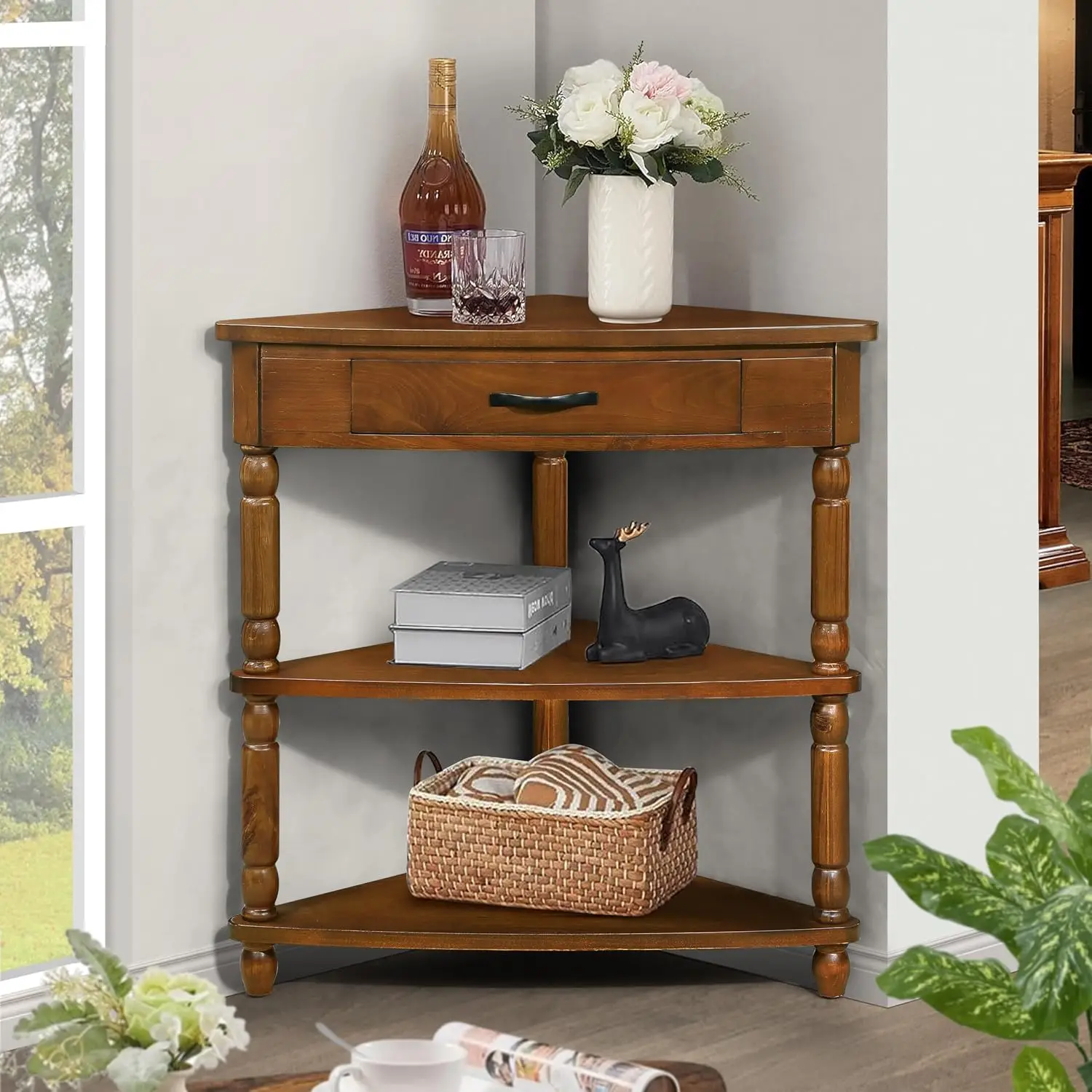 3 Tier Corner Console Table with 1 Storage Drawers and Shelves, 33.8'' Rustic Wood Triangle Sofa End Table for Small Spa