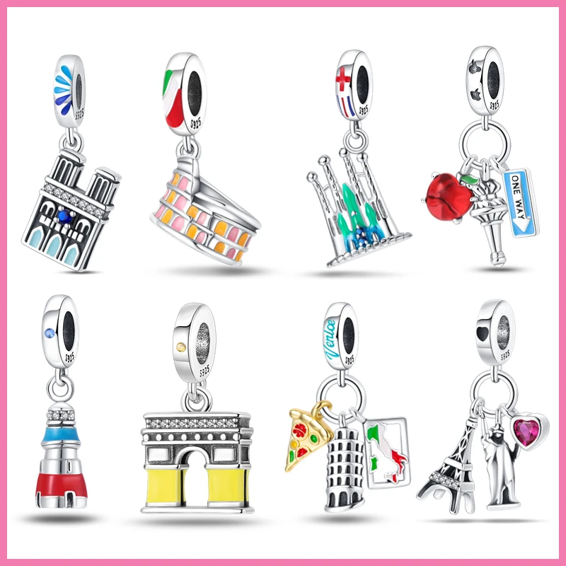 100% 925 Sterling Silver World Attractions Charms Fit For Pandora Original Bracelet Eiffel Tower Leaning Tower Luminous Charms