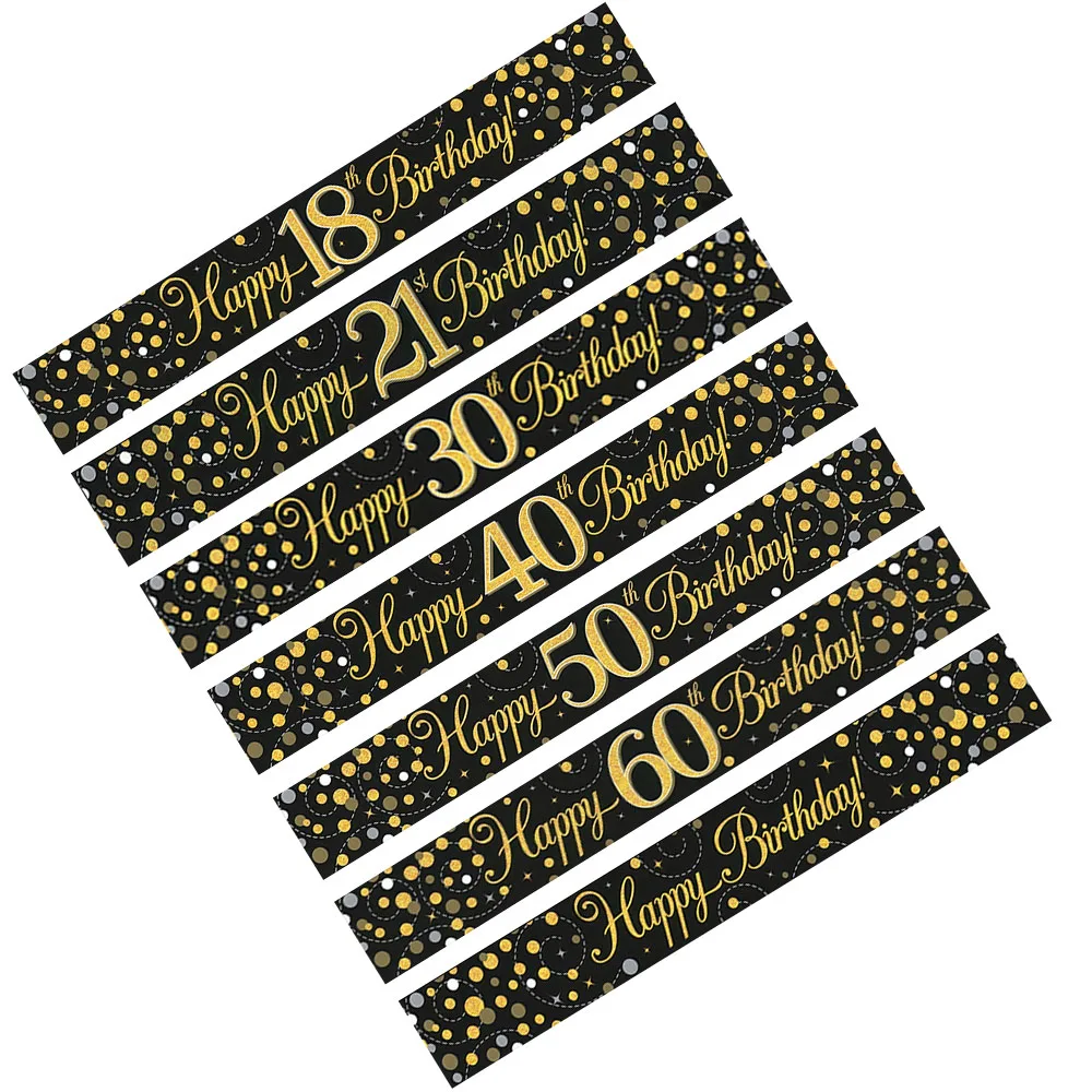 Schwarz-Gold Happy Birthday Banner, 9 Fuß Zuschneidbar mit Glitzerpunkten-Design für 18., 21., 30., 40., 50., 60. Party-Dekoration