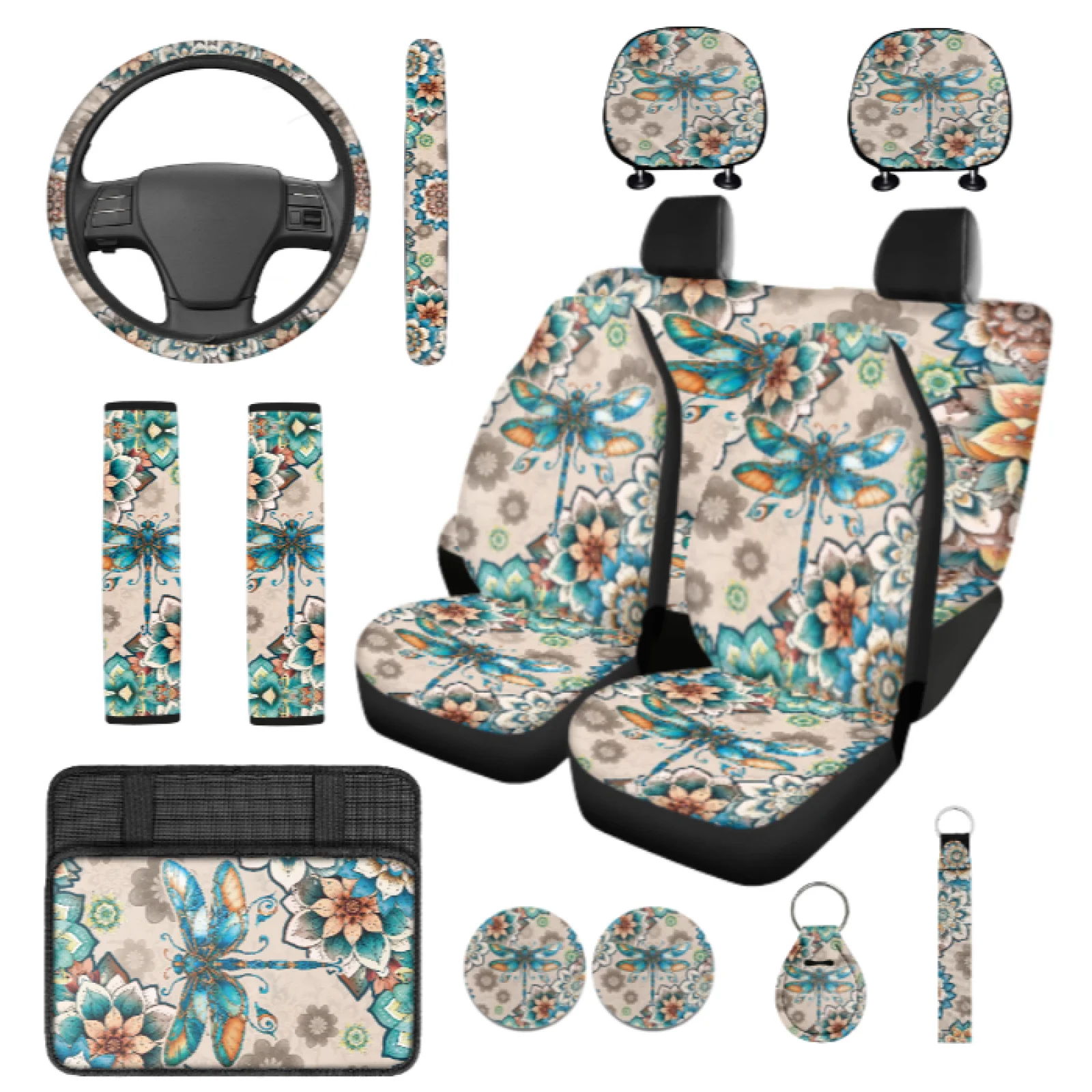 Coloranimal Flower Dragonfly 14 Pieces Automotive Seat Cover Set with Soft Steering Wheel Cover and Car Headrest Covers for Cars