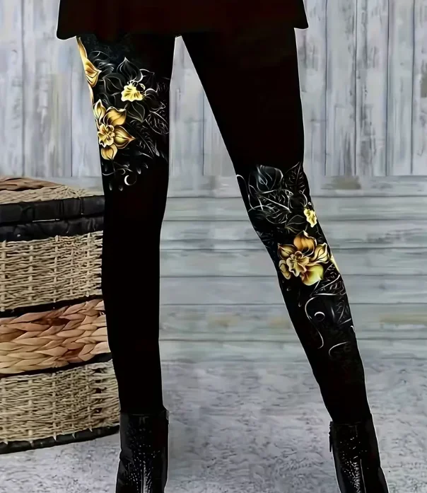 เลกกิ้งสตรี เลกกิ้งลายดอกไม้ย้อนยุค ถุงน่องยืดทรงสลิม กางเกงโยคะแฟชั่นเซ็กซี่ กางเกงออกกำลังกายสุดเท่