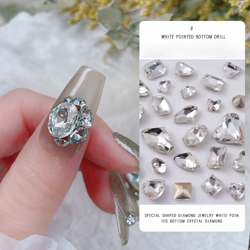 10pcs New Clear Nail Rhinestone Super Flash Pointed Bottom Fertilizer Square Crooked Heart 3D Nails Art Jewelry Decorations