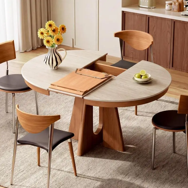 Travertine rock slab dining table, small retractable variable round table, folding table and chairs
