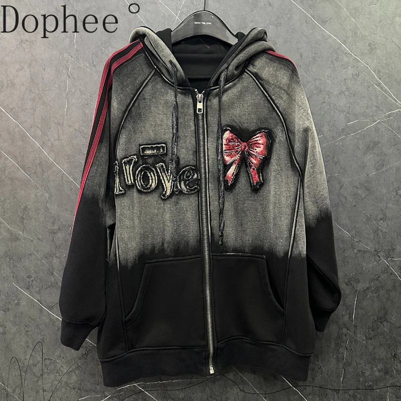 

Gradient Black Grey Hooded Zip Cardigans Coat Cute Bow Heavy Embroidery Loose Hoodie Top Autumn Winter Thicken Velvet Jackets