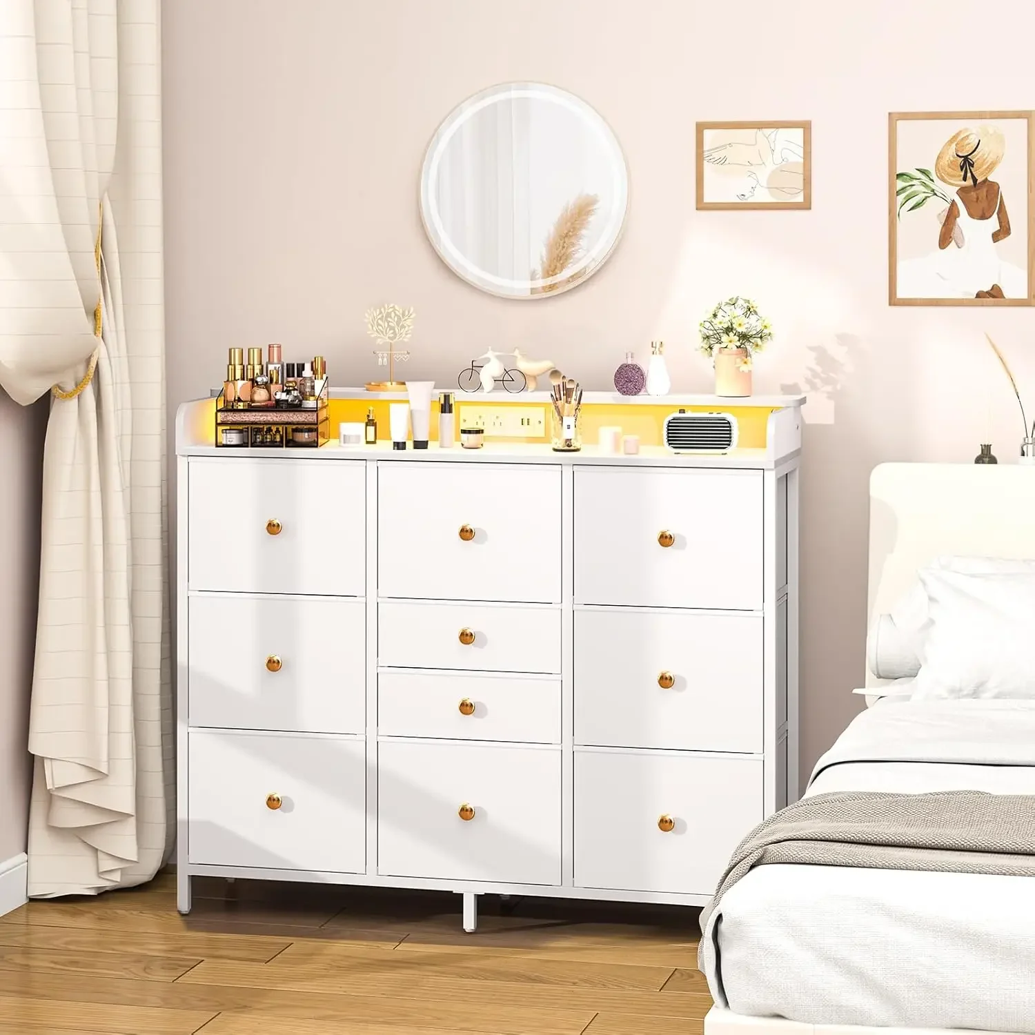 Dresser for Bedroom with Charging Station and LED Lights, Tall Dresser TV Stand With 10 Storage Drawers,Fabric White