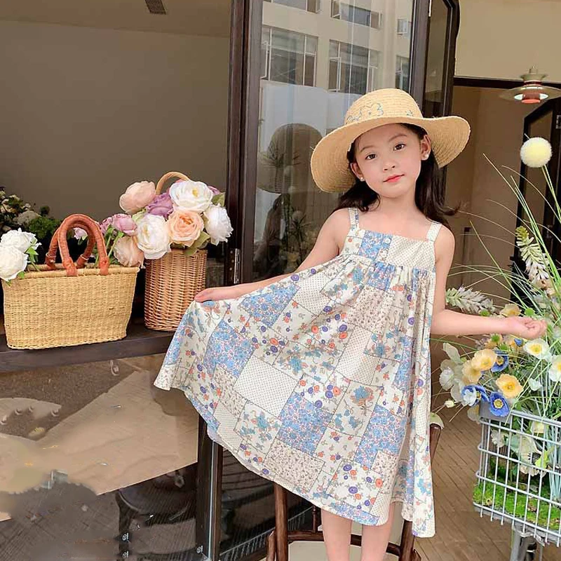 Summer Girls\' Strap Dress Plaid Flower New Casual Dress Sweet Long Dress Holiday Style Dresses For Girls Baby Vest Dress