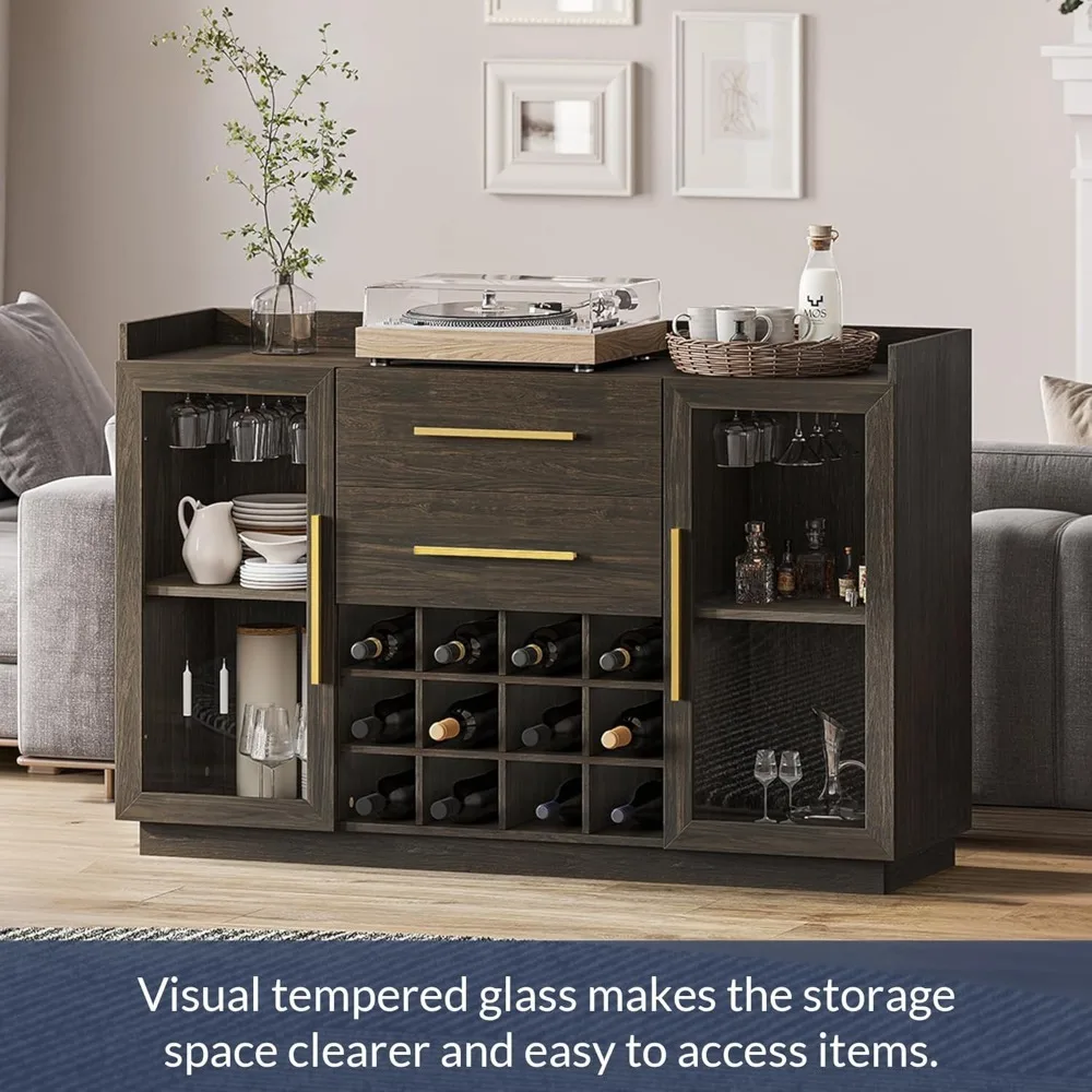 Wine Cabinet 55",Sideboard with Wine Rack and Glass Holder, Home Coffee Bar Freestanding Liquor Cabinet with Display Glass Doors