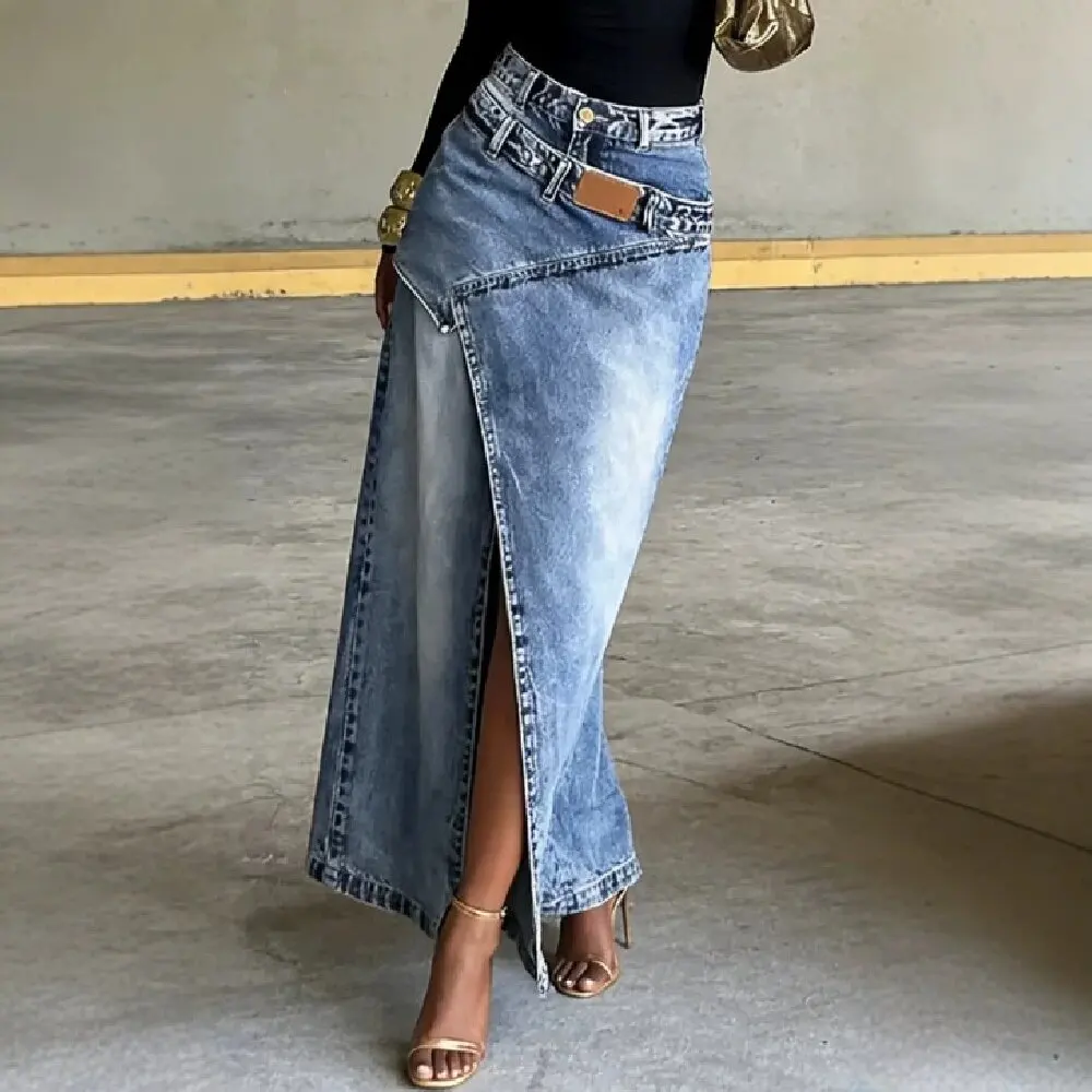 2026 Hot Women High Waist Washed Denim Maxi Skirt Arrival Unique Split Hem Patch Panel Design All-match Fashion Long Half Skirt
