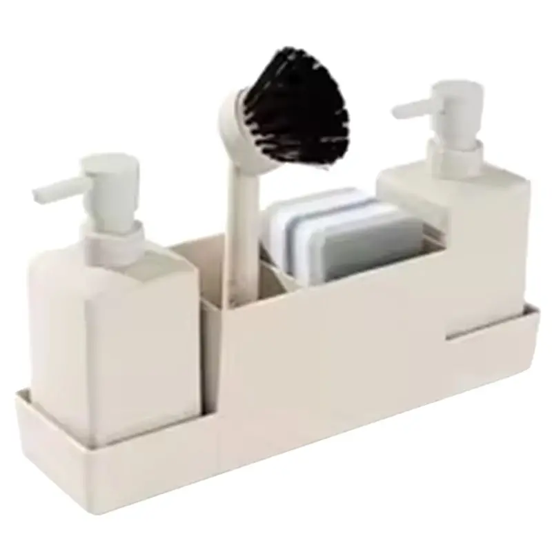A84X-Hand Soap And Dish Soap Dispenser With Brush And Sponge Holder Kit For Kitchen Set For Sink Caddy In Matte Black Beige