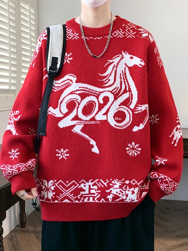 

Красный мужской свитер свободного кроя с круглым вырезом, вышитым узором, теплый, повседневный, подходит для Нового года и ежедневной носки