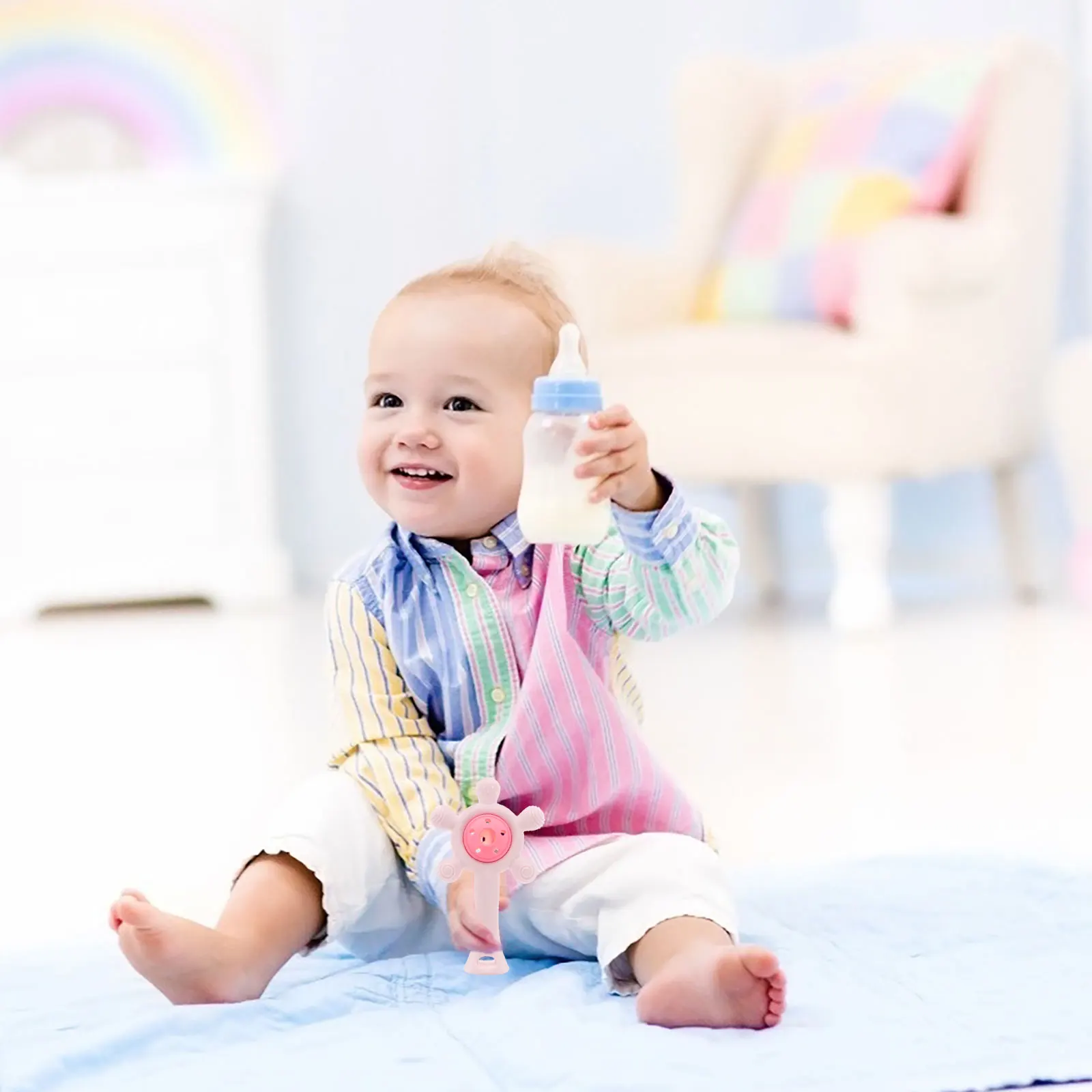 Baby Riesenrad Silikon Beißring Rassel Rosa Handglocke für Säuglingszahnen Relief Weiche sichere Rassel Kleinkind Schlaf