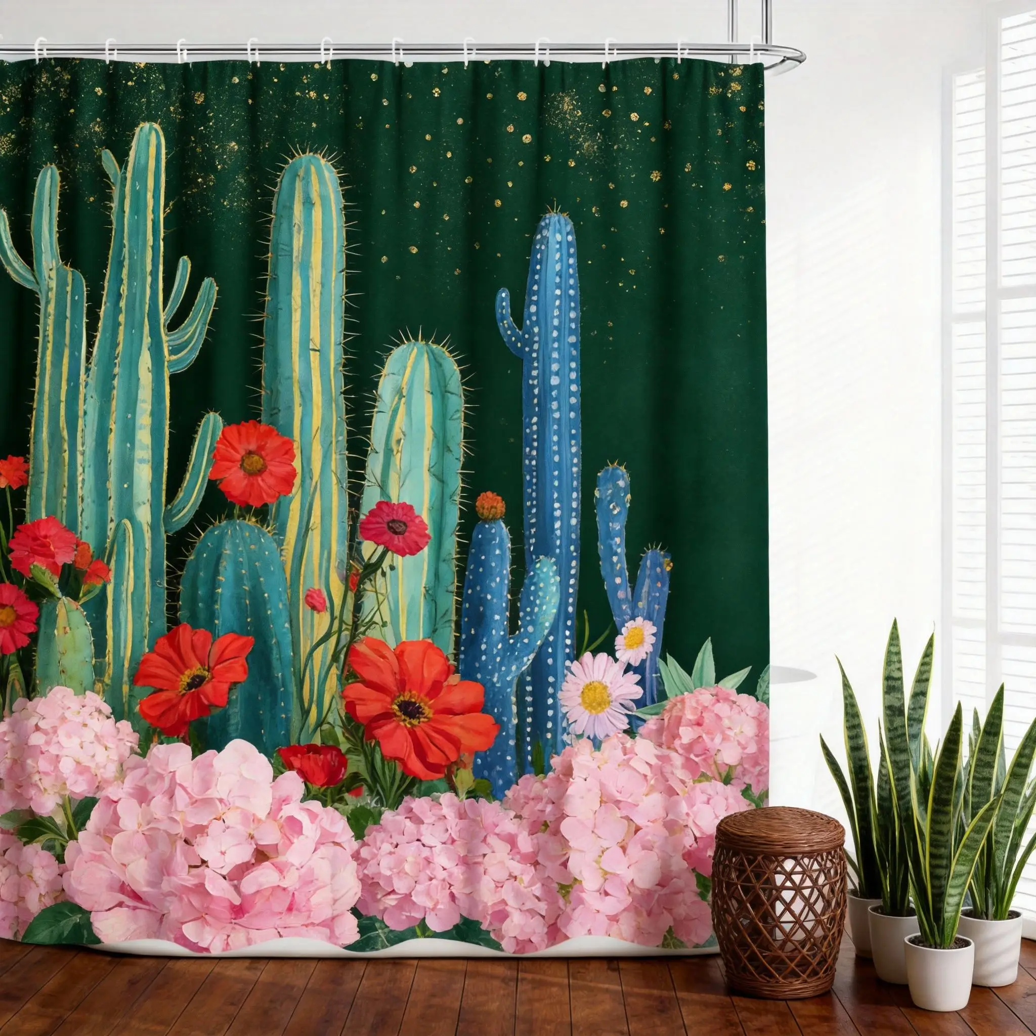

Cactus Shower Curtain 180x180cm – Whimsical Desert Garden with Blooms, Boho Southwestern Bathroom Decor, 12 Hooks