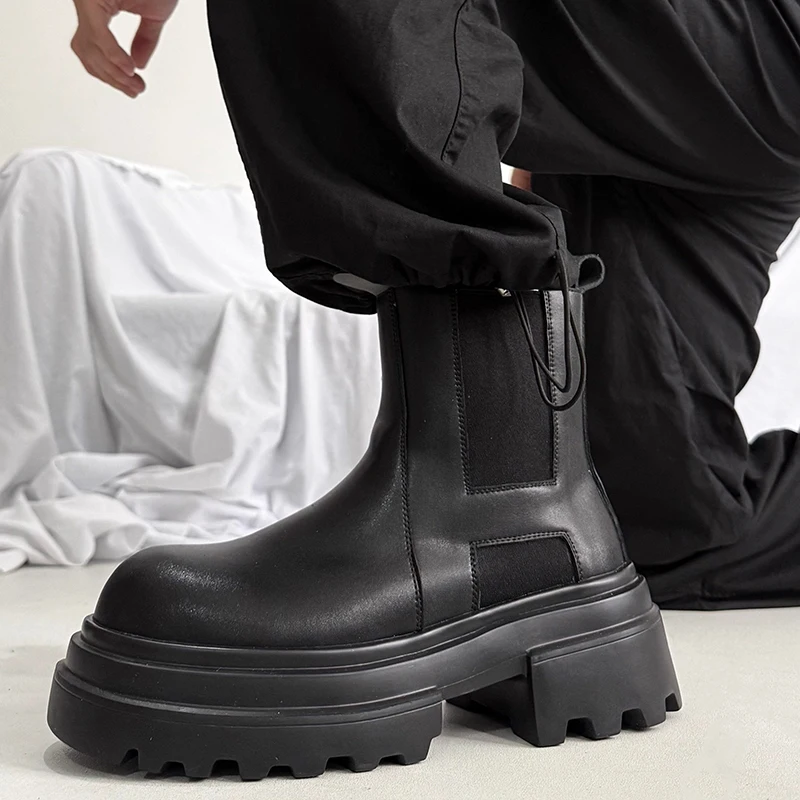 Botas de plataforma para hombre, zapatos de cuero natural sin cordones, botas de vaquero para primavera y otoño, botas chelsea de diseñador negras