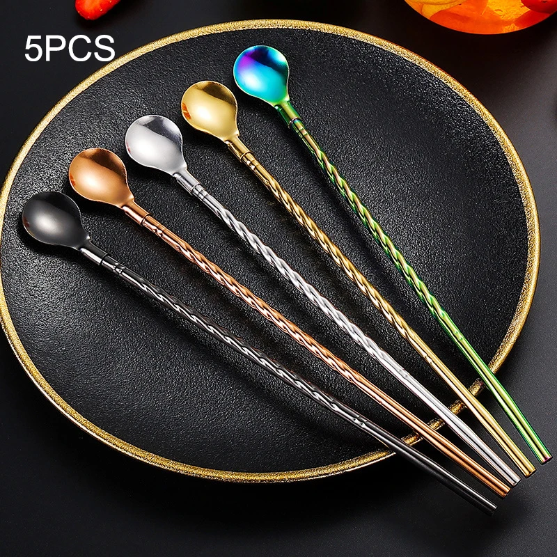 

5PCS Stainless Steel Straw, Stirring Tube, Spoon - All-In-One Dual-Purpose Dessert And Milk Tea Spoon