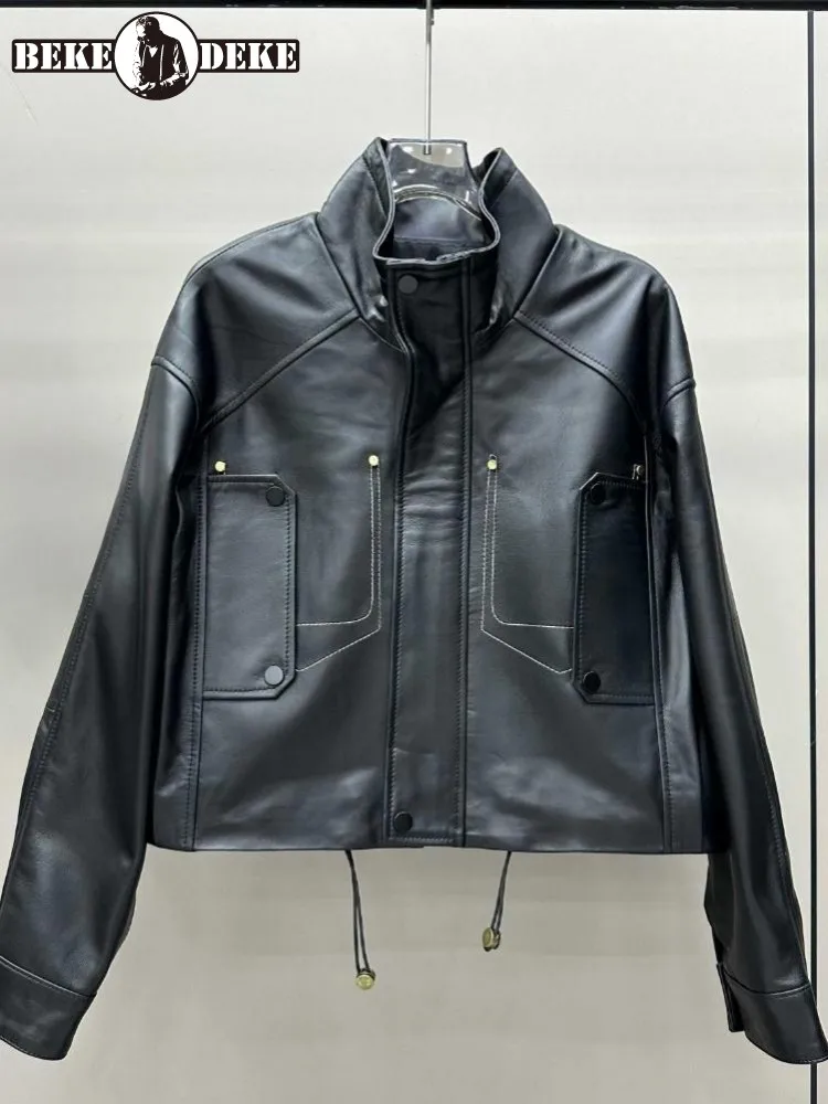 Office Ladies Genuine Leather Stand Collar Fashion Jacket Solid Color Sheepskin Long Sleeves Loose Zipper Button Outerwear