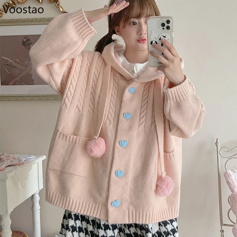 Japanese Cute Lolita Knitted Cardigan Women Harajuku Kawaii Pink Hooded Long Sweater Coat Girls Sweet Loose Pocket Knitwear Tops