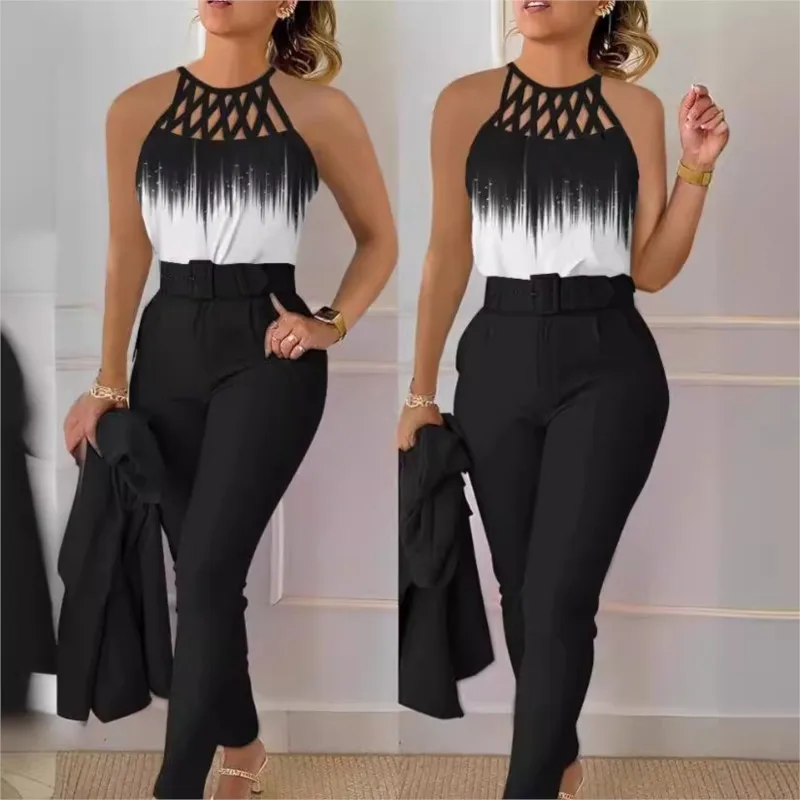 Elegant Women\'s Two Piece Set Suit Autumn Summer Fashion Print Hollow Out Sleeveless Tops Black Petite Pants Two-piece Set Women