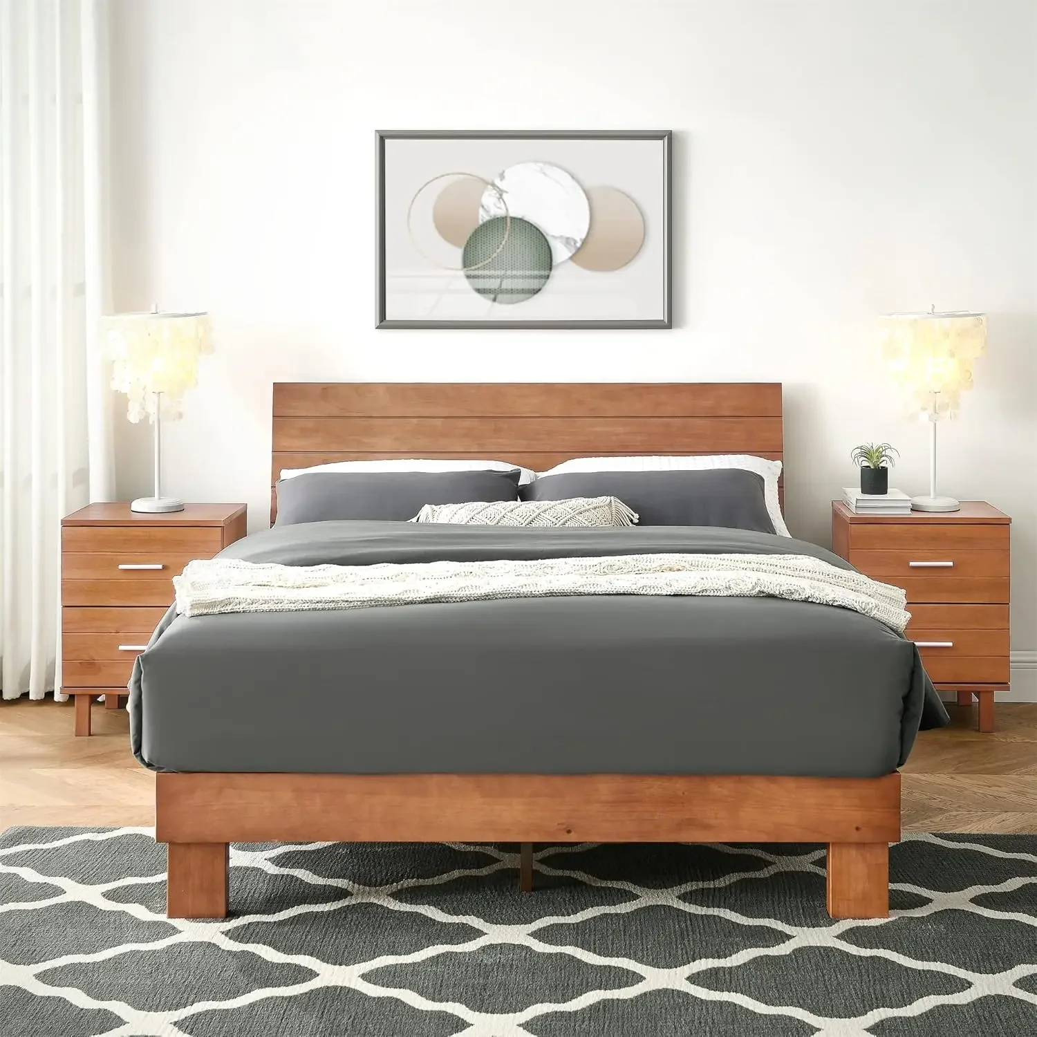 

Low Profile Modern Wooden Platform Bed with Adjustable Height Headboard for Bedroom, Wooden Bed Frame with Headboard