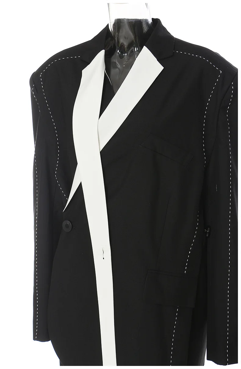 Bjtz preto branco emenda contrastante solto ajuste design com linha grossa para terno jaqueta 2025 primavera nova moda casaco feminino