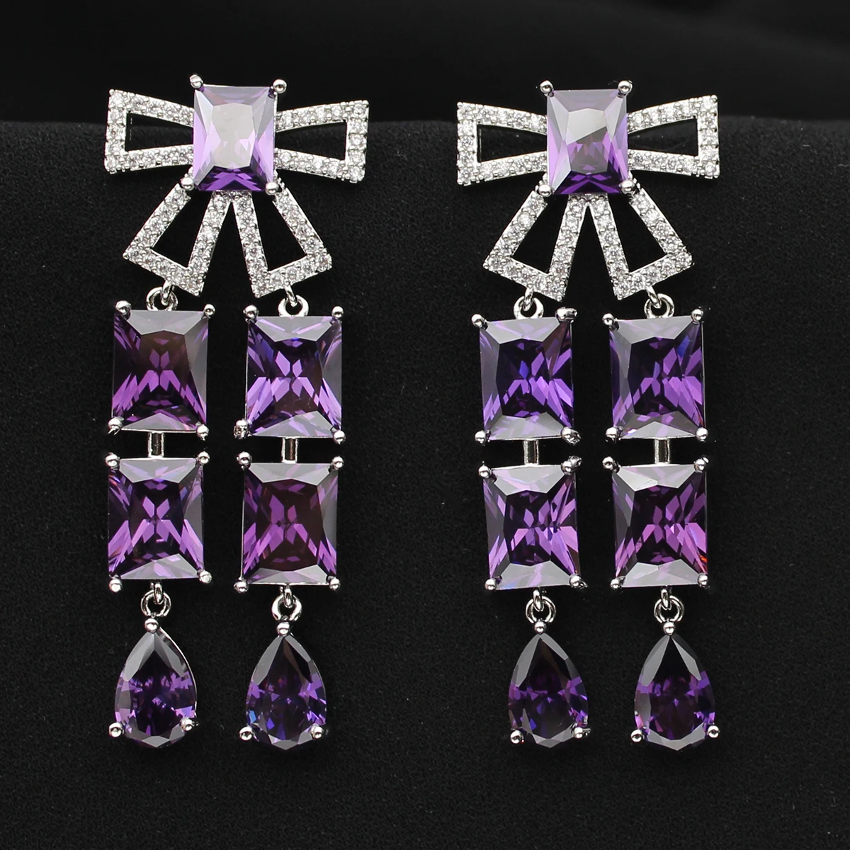 Long Dangle Earrings for Women Wedding Evening Party Luxury Jewelry Purple Red Small Block Drop Earrings Bowknot