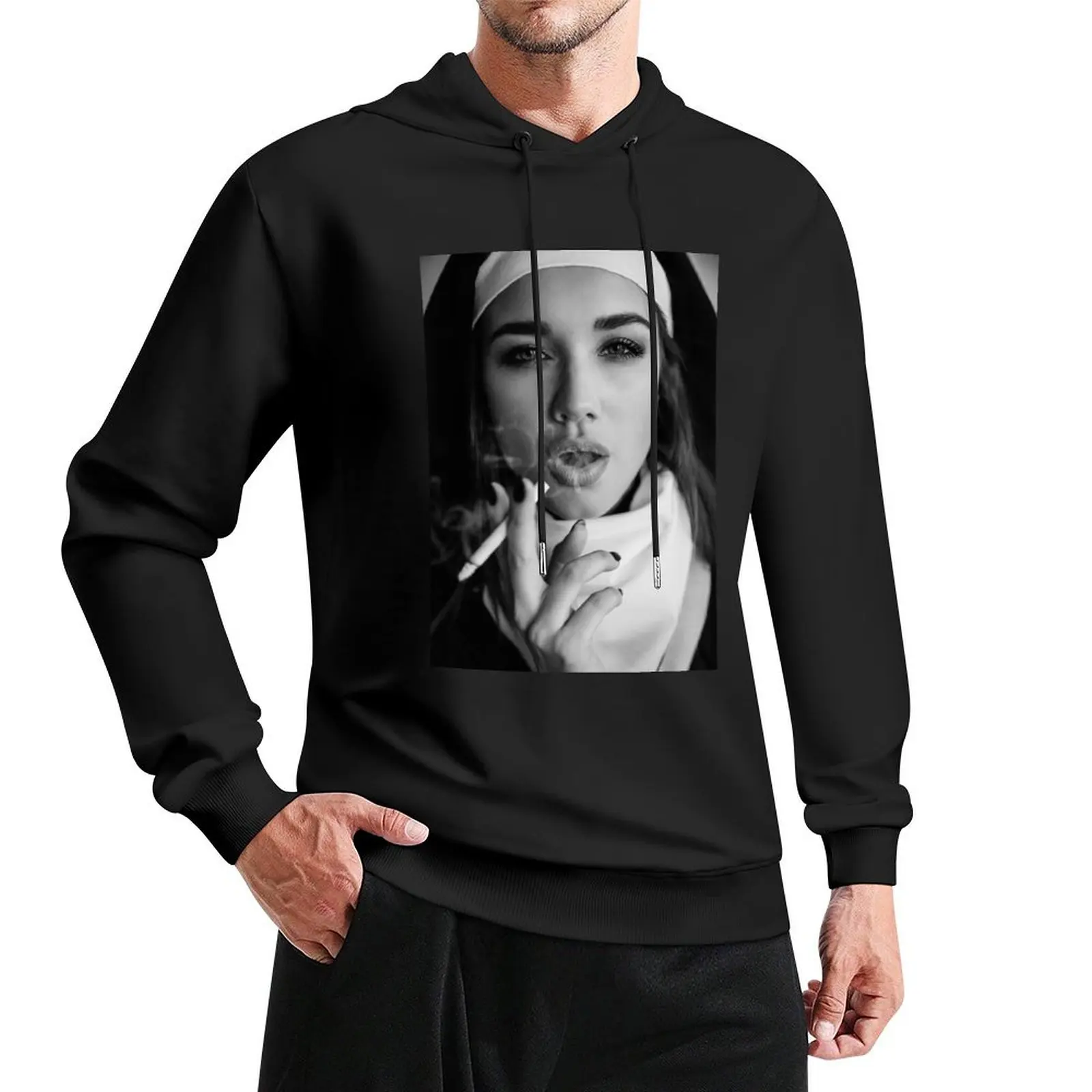 Nun smoking. Portrait of a smoking young nun, Pullover Hoodie mens clothing hoodies for men high quality