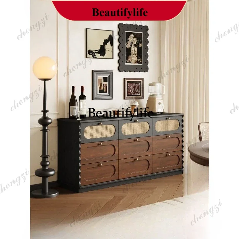 Retro household small apartment medium and ancient rattan door dining side cabinet d178