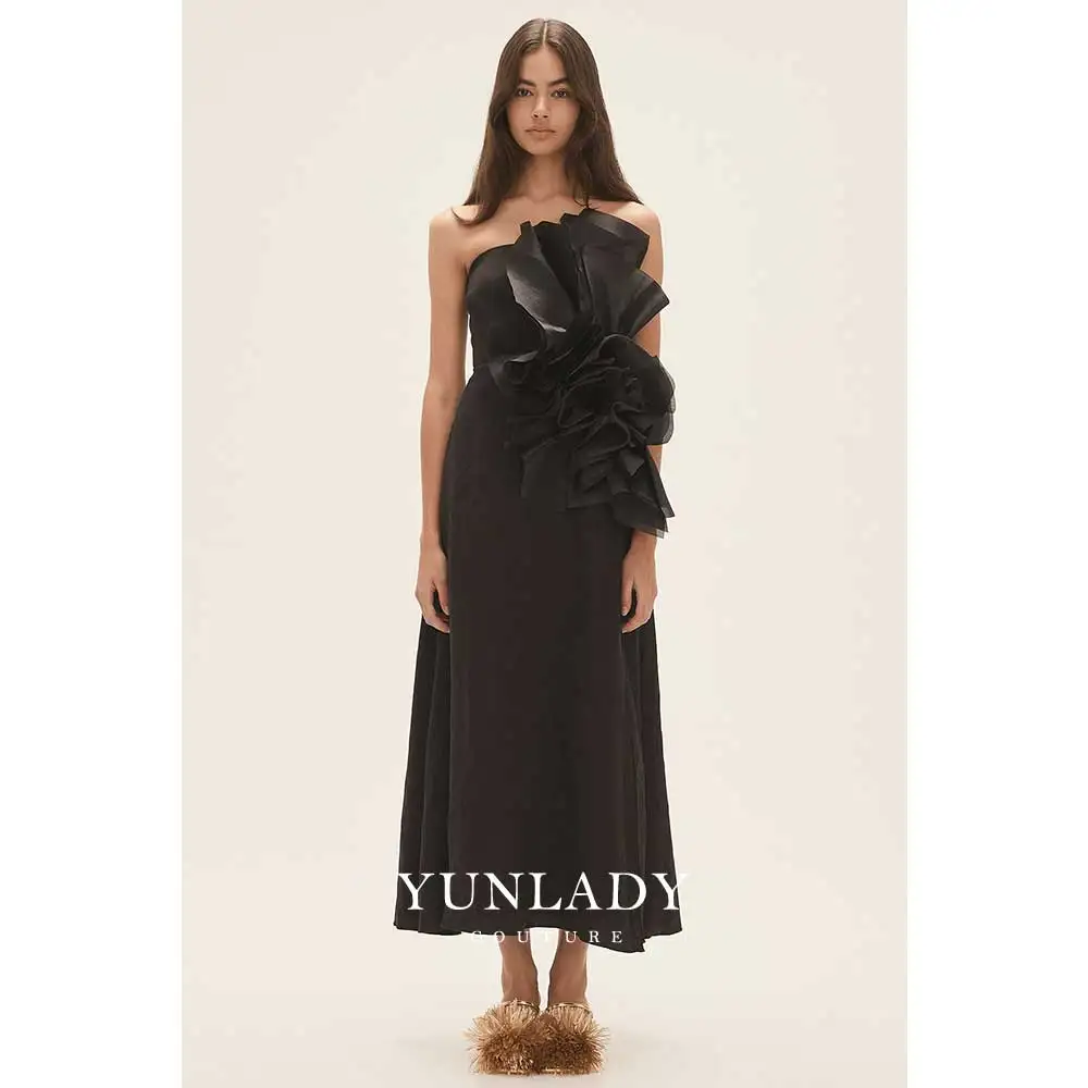 YUNLAN Gorgeous Dubai Black 3D Flower Midi Tube Evening Dress 2024 Saudi Arabian Special Occasion Formal High Slit Party Dress