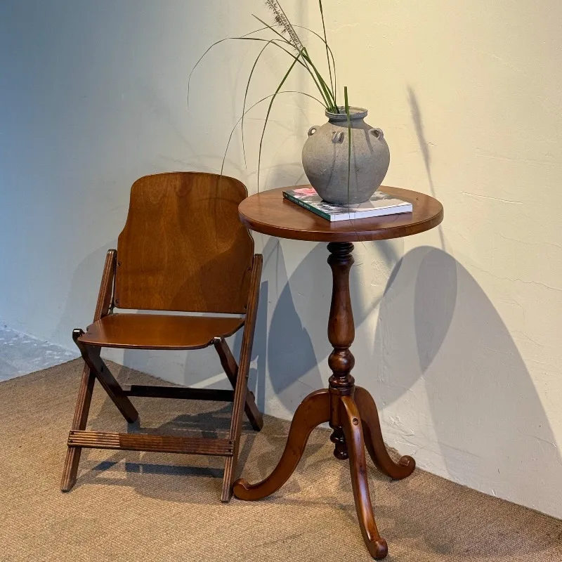 

Solid Wood Mid-Century Round Accent Table for Sofa Side Plant Table Sturdy Rustic Coffee Table Space Saving Garden Furniture
