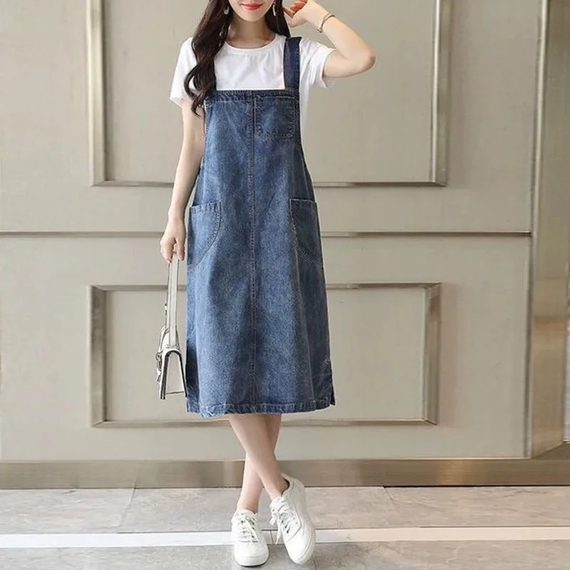 2024 Summer New Women's Korean Fashion Large Size Trendy Spliced Sleeveless Solid Distressed Pocket Loose Denim Camisole Dress