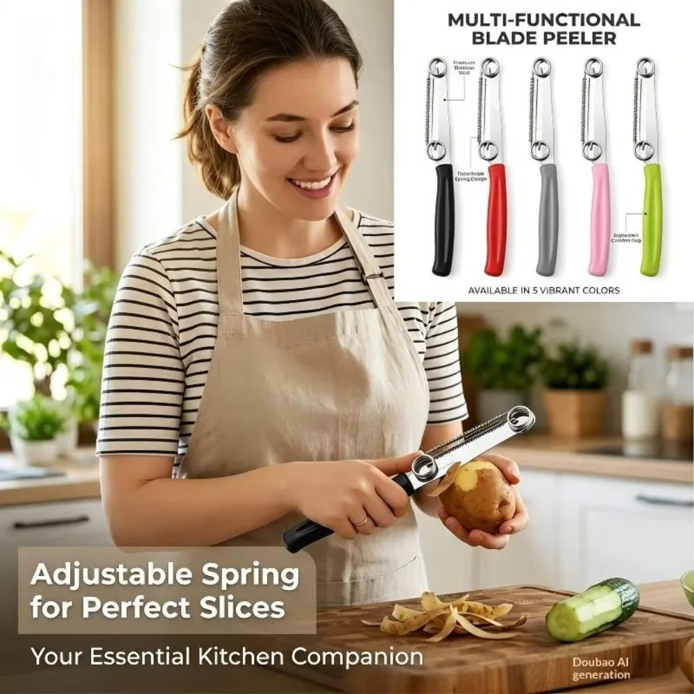 Stainless Steel 2 in 1 Peeler Slicer Spring Assisted Quick Slicing Potato Carrot Shredder Portable Sturdy Handle