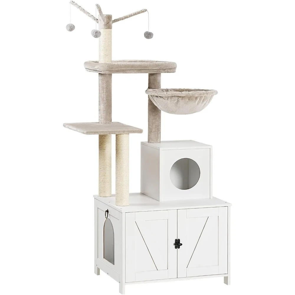 Cat Tree Tower with Litter Box Enclosure for Indoor, Wooden Cat Condo with Scratching Posts, Litter Box Furniture Hidden,